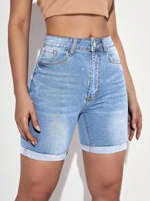 SHEIN Essnce Roll Up Hem Denim Shorts - Light Wash - View 4
