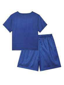 男孩素色前紐扣T恤和短褲睡衣套裝 - 藍色 - 查看 2