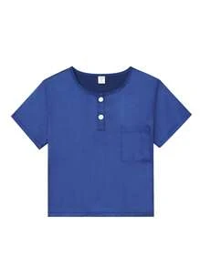 男孩素色前紐扣T恤和短褲睡衣套裝 - 藍色 - 查看 4