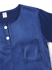 男孩素色前紐扣T恤和短褲睡衣套裝 - 藍色 - 查看 6