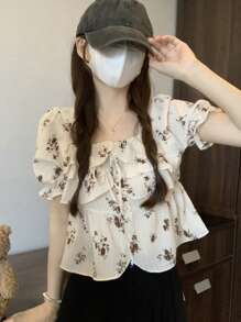 Allover Floral Ruffle Trim Puff Sleeve Blouse - Apricot - View 1