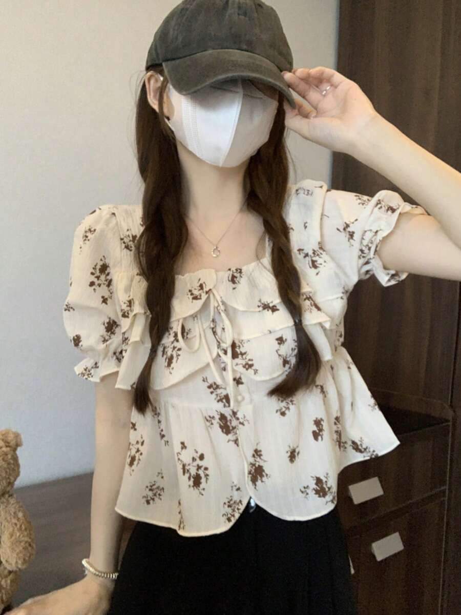 Allover Floral Ruffle Trim Puff Sleeve Blouse - Apricot - View 1
