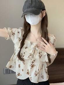 Allover Floral Ruffle Trim Puff Sleeve Blouse - Apricot - View 3