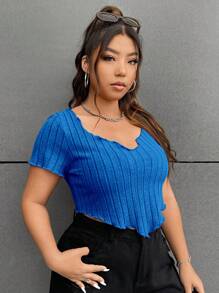 SHEIN EZwear 大碼木耳邊缺口領T恤 - 藍色 - 查看 3