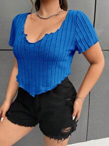 SHEIN EZwear 大碼木耳邊缺口領T恤 - 藍色 - 查看 4