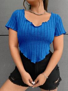 SHEIN EZwear 大碼木耳邊缺口領T恤 - 藍色 - 查看 5