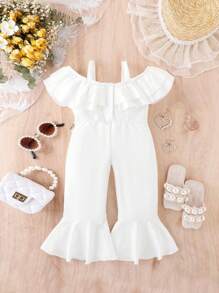 嬰兒貼花挖肩荷葉邊喇叭連身褲 - 白色 - 查看 2