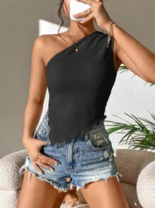Chiquease Solid One Shoulder Lettuce Trim Asymmetrical Hem Top - Black - View 1
