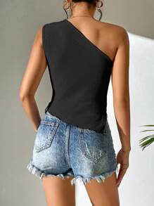 Chiquease Solid One Shoulder Lettuce Trim Asymmetrical Hem Top - Black - View 2