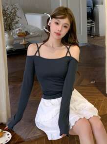 DAZY Solid Cold Shoulder Slim Tee Long Sleeve Top