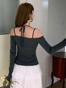 DAZY Solid Cold Shoulder Slim Tee Long Sleeve Top