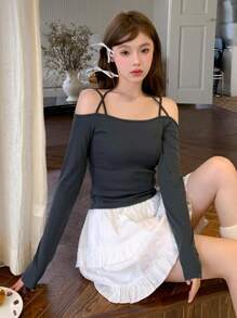 DAZY Solid Cold Shoulder Slim Tee Long Sleeve Top