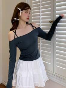 DAZY Solid Cold Shoulder Slim Tee Long Sleeve Top
