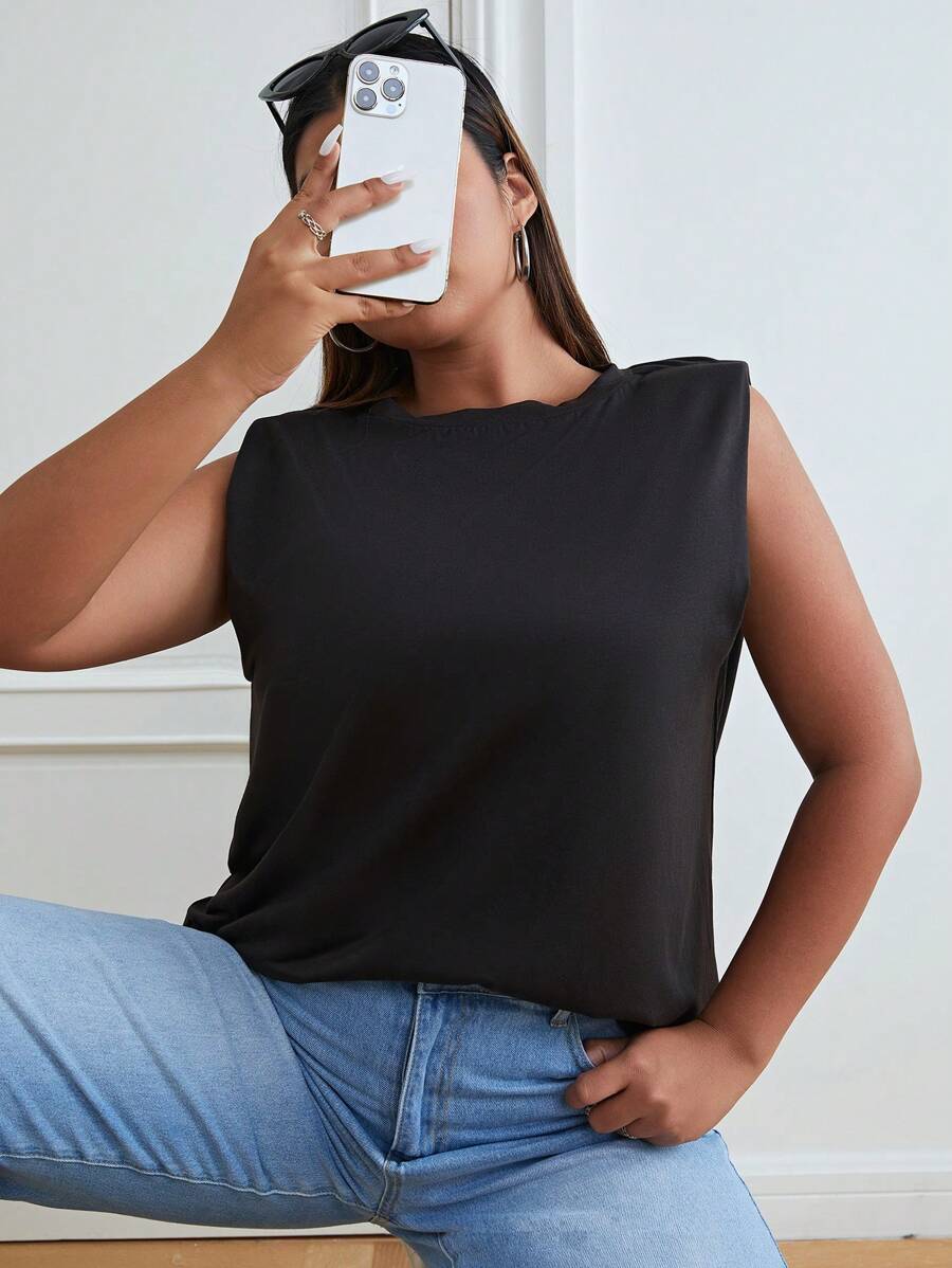 SHEIN EZwear Plus Solid Tank Top - Black - View 1