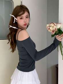 DAZY Solid Cold Shoulder Slim Tee Long Sleeve Top