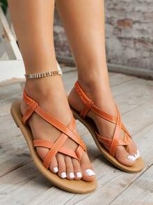 前衛橘色涼鞋適用於交叉帶T字帶涼鞋 - 橘色 - 查看 6
