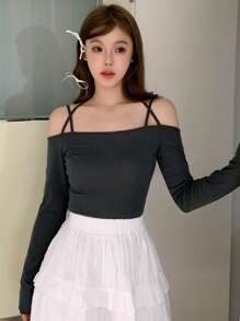 DAZY Solid Cold Shoulder Slim Tee Long Sleeve Top