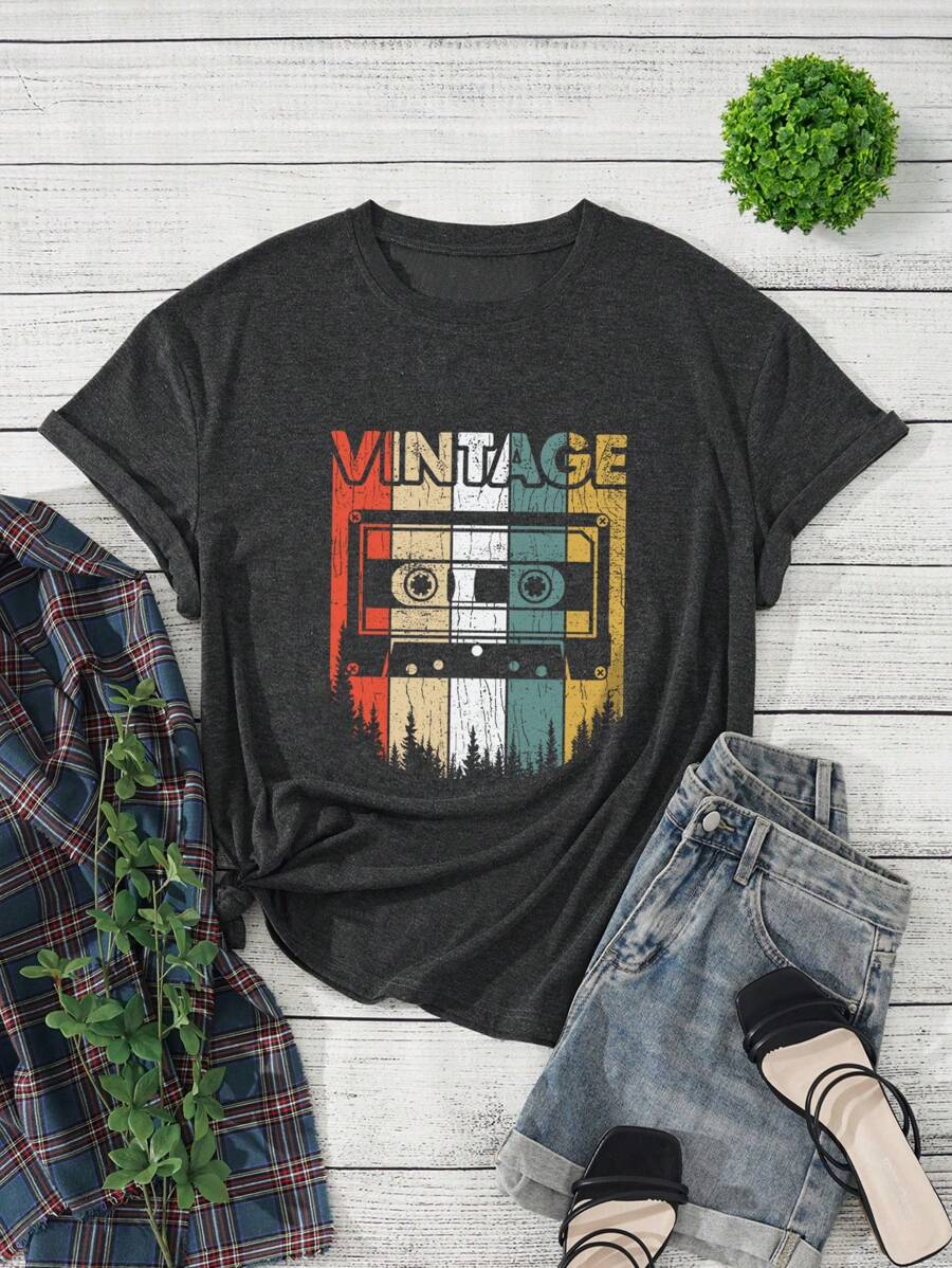 INAWLY Plus Tape & Letter Graphic Tee Graphic Tees Women Tops