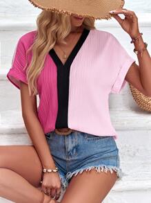 SHEIN LUNE Colourblock Batwing Sleeve V Neck Blouse - Multicolor - View 5