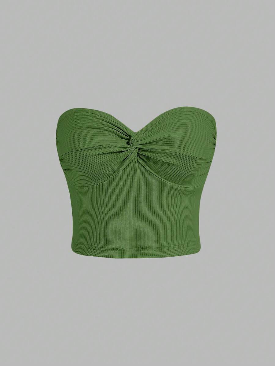 SHEIN MOD 前扭結條紋針織抹胸上衣 - 青檸色 - 查看 1