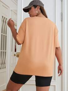 SHEIN EZwear 大碼字母圖案落肩T恤和騎行褲 - 杏色 - 查看 2