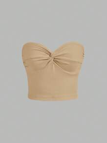 SHEIN MOD Áo nữ xoắn lại Gân đan màu trơn Giải trí - Màu Khaki - Xem 1