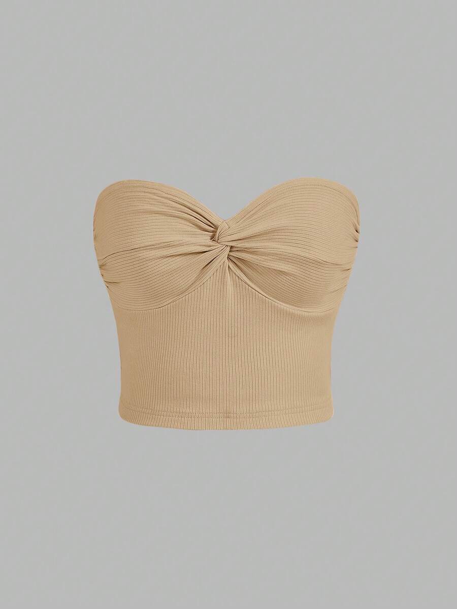 SHEIN MOD Áo nữ xoắn lại Gân đan màu trơn Giải trí - Màu Khaki - Xem 1