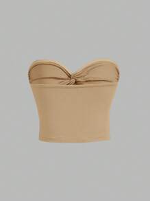 SHEIN MOD Áo nữ xoắn lại Gân đan màu trơn Giải trí - Màu Khaki - Xem 2