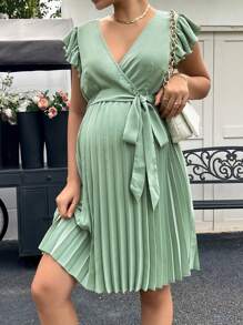 SHEIN Maternity Surplice Neck Butterfly Sleeve Pleated Hem Belted Dress