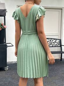 SHEIN Maternity Surplice Neck Butterfly Sleeve Pleated Hem Belted Dress