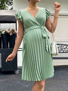 SHEIN Maternity Surplice Neck Butterfly Sleeve Pleated Hem Belted Dress