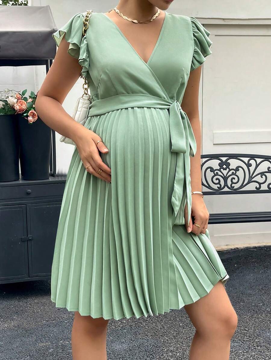 SHEIN Maternity Surplice Neck Butterfly Sleeve Pleated Hem Belted Dress