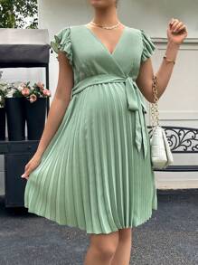 SHEIN Maternity Surplice Neck Butterfly Sleeve Pleated Hem Belted Dress