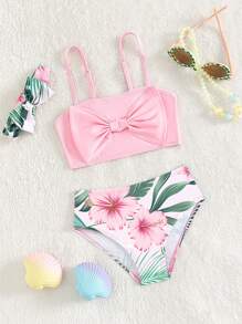 Baby Girl Tropical Print Bow Front Beachwear Summer Beach - Pink - View 1