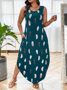 SHEIN LUNE 大碼休閒口袋民族風連衣裙 - 墨綠色 - 查看 3