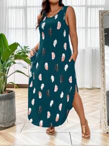 SHEIN LUNE 大碼休閒口袋民族風連衣裙 - 墨綠色 - 查看 4