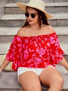 SHEIN VCAY 大碼印花一字肩荷葉袖襯衫 - 彩色 - 查看 4