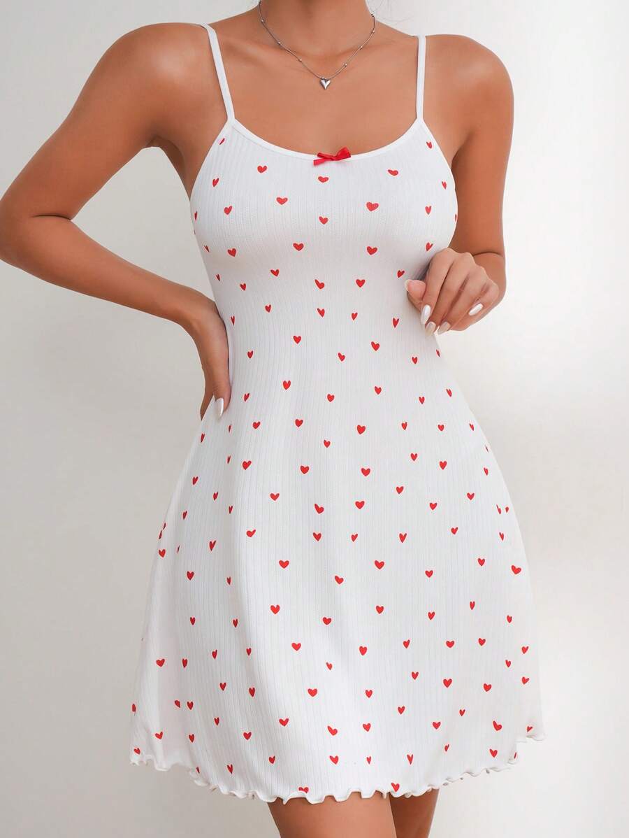 愛心圖案木耳邊吊帶睡裙 - 白色 - 查看 1