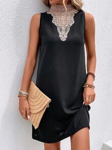 SHEIN Privé Contrast Guipure Lace Mock Neck Sleeveless Tank Dress - Black - View 5