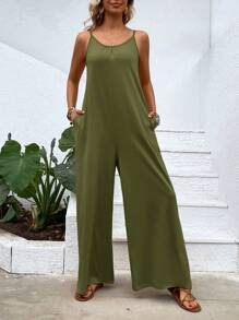 SHEIN LUNE Áo liền quần nữ Túi màu trơn Giải trí - xanh quân đội - Xem 3