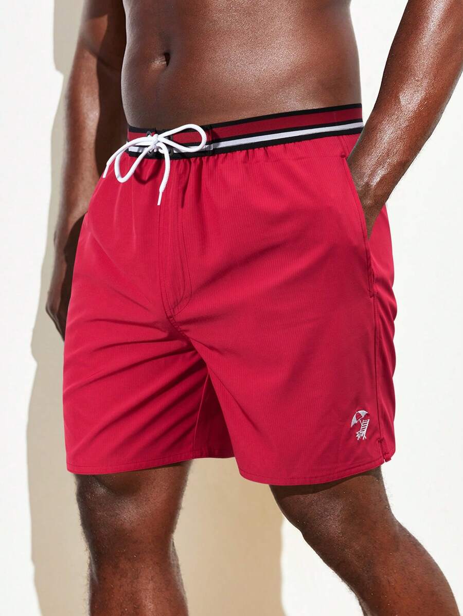Manfinity Swimmode Men Striped Trim Drawstring Waist Swim Trunks - Red - View 1