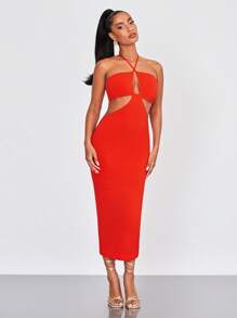 SHEIN BAE Đầm Lộ Lưng Cắt ra Buộc lại màu trơn Gợi cảm - Màu Cam san hô - Xem 2