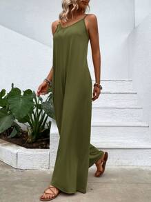 SHEIN LUNE Áo liền quần nữ Túi màu trơn Giải trí - xanh quân đội - Xem 4