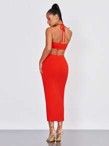 SHEIN BAE Đầm Lộ Lưng Cắt ra Buộc lại màu trơn Gợi cảm - Màu Cam san hô - Xem 3