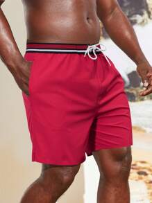 Manfinity Swimmode Men Striped Trim Drawstring Waist Swim Trunks - Red - View 3