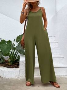 SHEIN LUNE Áo liền quần nữ Túi màu trơn Giải trí - xanh quân đội - Xem 5