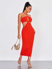 SHEIN BAE Đầm Lộ Lưng Cắt ra Buộc lại màu trơn Gợi cảm - Màu Cam san hô - Xem 4