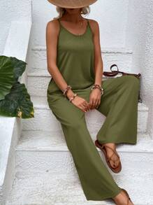 SHEIN LUNE Áo liền quần nữ Túi màu trơn Giải trí - xanh quân đội - Xem 6