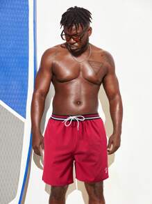 Manfinity Swimmode Men Striped Trim Drawstring Waist Swim Trunks - Red - View 4