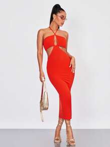 SHEIN BAE Đầm Lộ Lưng Cắt ra Buộc lại màu trơn Gợi cảm - Màu Cam san hô - Xem 5